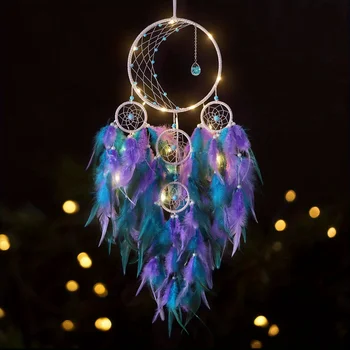 1 Vnt LED lemputės Dream Catcher Mėnulis Dekoro su Šviesos Rankų darbo Plunksnų Dreamcatchers, Miegamojo Bohemijos Namų Dekoro Vestuvių