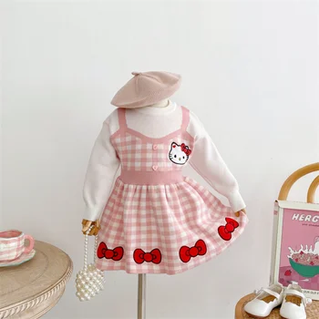 2023 Vaikai Suknelės Mergaitėms Kawaii Hello Kitty Suknelė Baby Girls Cartoon Mielas Rožinis Megztas Princesė Dress Aukštos Kokybės Medvilnės
