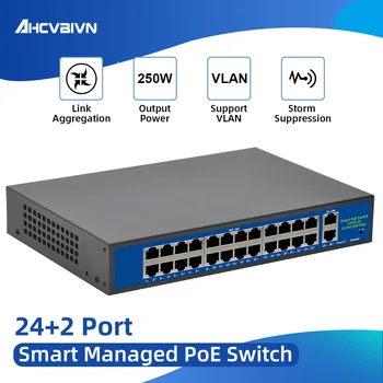 52V Tinklo POE Switch Ethernet 10/100/1000Mbps 24ports IEEE 802.3 af/šiuo Tinka IP kameros/Wireless AP/CCTV kameros 250m