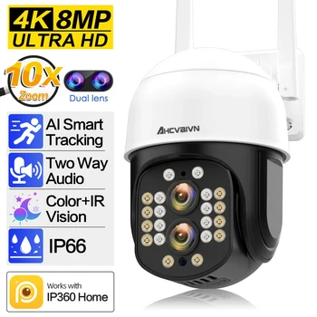 8Mp 4K Wi-fi Ip Kamera, Dvigubas Objektyvas, 10X Zoom Ptz Kamera Lauko Vandeniui Saugumo Portection Ir Spalvų Naktinio Matymo Smart Home