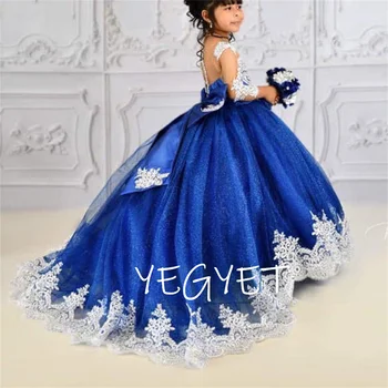Blizgiu Tiulio Aplikacijos Gėlių Mergaitės Suknelė Išskirtinį Šalies Vaikų Gimtadienio Lankas-Line Princesė Grindų Ilgis Suknelės 2023 Kamuolys Suknelė