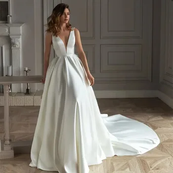 Giliai V Kaklo Vestuvių Suknelės 2023 Rankovių Perlai Backless Satino Koplyčia Traukinys Vestuvinės Suknelės Vestidos De Novia