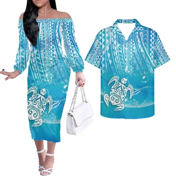 HYCOOL Užsakymą Pora Polinezijos Genčių Aprangos Mėlyna ilgomis Rankovėmis Bodycon Suknelė Moterys Šalis Elegantiškas Atsitiktinis nuo Peties Suknelė