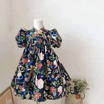 Mergaičių Kūdikių Dress Vasaros Naujo Burbulo Rankovės Suskaidytas Gėlių Vintage Suknelė Vaikų Kinų Stiliaus Suknelė be Rankovių