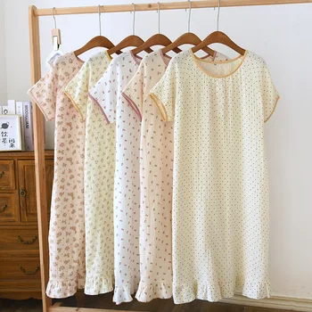 Moterų Vasaros Naujausias Trumpas Rankovės Prarasti Sleepwear Nightgowns Mielas Spausdinimo Plonos Medvilnės Namų Pižama Miego Suknelė
