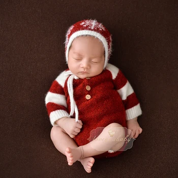 Naujagimio Fotografijos Drabužių Nėrimo Festivalių Kūdikių Apranga Red Hat +Jumpsuit 2vnt/komplektas Studija Baby Nuotrauka Pasiūlymo Priedai