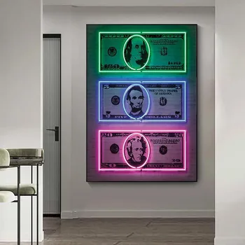 Pinigų Neon Plakatai, Drobė, Tapyba Dolerio Ženklas Spausdinamas Abstrakčiai Sienos Nuotrauka už Biuro Šiuolaikinių Namų Puošybai Freskos Neįrėminti