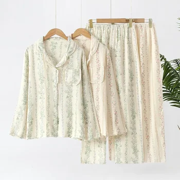 Pižama Moterims korėjos Vertikalus Gėlių Spausdinti Rudenį Sleepwear Kawaii Pijamas Moteris Nustatyti Kostiumas ilgomis Rankovėmis Pižamos Loungewear