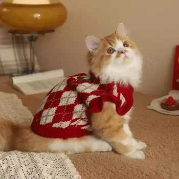 Raudona Katė Drabužius Diamond Išsiuvinėti Megztinis Vyšnių Modelis Žiemos Pet Megztinis Šiltas Megztinis Mažųjų Kačių Paltai Kostiumas