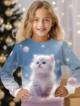 vaikai ilgai Marškinėliai Mielas Gyvūnų Katės 3D Atspausdintas Streetwear Berniukų, Mergaičių Atsitiktinis Mados Negabaritinių Marškinėliai Vaikams Tees Viršūnes Drabužiai