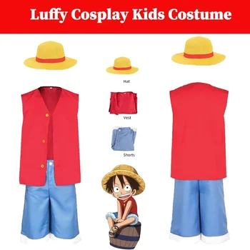 Vaikai Luffy Cosplay, Anime ONE PIECE Cos Nuslėpti Kostiumai, Paltai, Kelnes Skrybėlę Vaikai Paplūdimio Drabužius Helovinas Šalis RolePlay Kostiumas