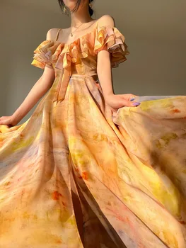Vasaros Spausdinimo Linija, Midi Elegantiška Suknelė Moterims 2023 Naujas Mados Fairycore Spageti Dirželis Suknelė Elegantiškas Pynimas Vintage Suknelė