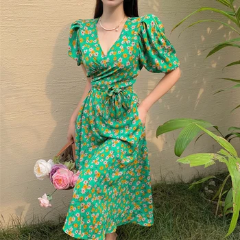 Vintage Žalia Trumpas Rankovės Gėlių Šifono Suknelė Lady Prancūzijos Prarasti Šalis Vasaros Suknelė Moterims Eleagnt Spausdinti Ilgos Suknelės, Chalatas, 22498