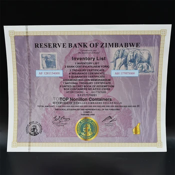 Zimbabvės 54 Nuliai Nonillon Konteineriai, Violetinė Venų Popieriniai Pinigai Sertifikatą Kolekcionuojamų Fluorescencijos RBZ Saugumo UNC Pastabos